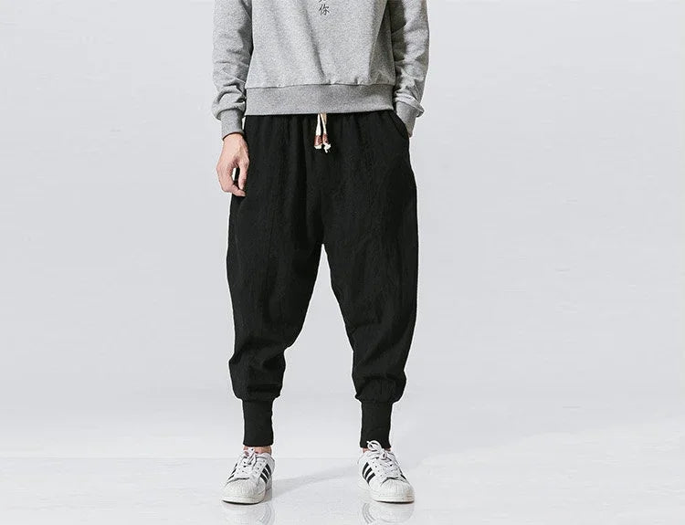 Men’s Cotton Linen Harem Pants - Baggy Drop-Crotch Streetwear Joggers