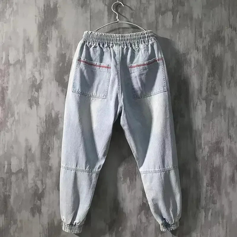 Mens Black Elastic Waist Baggy Harem Jogger Jeans Ankle Band Cargo Pants