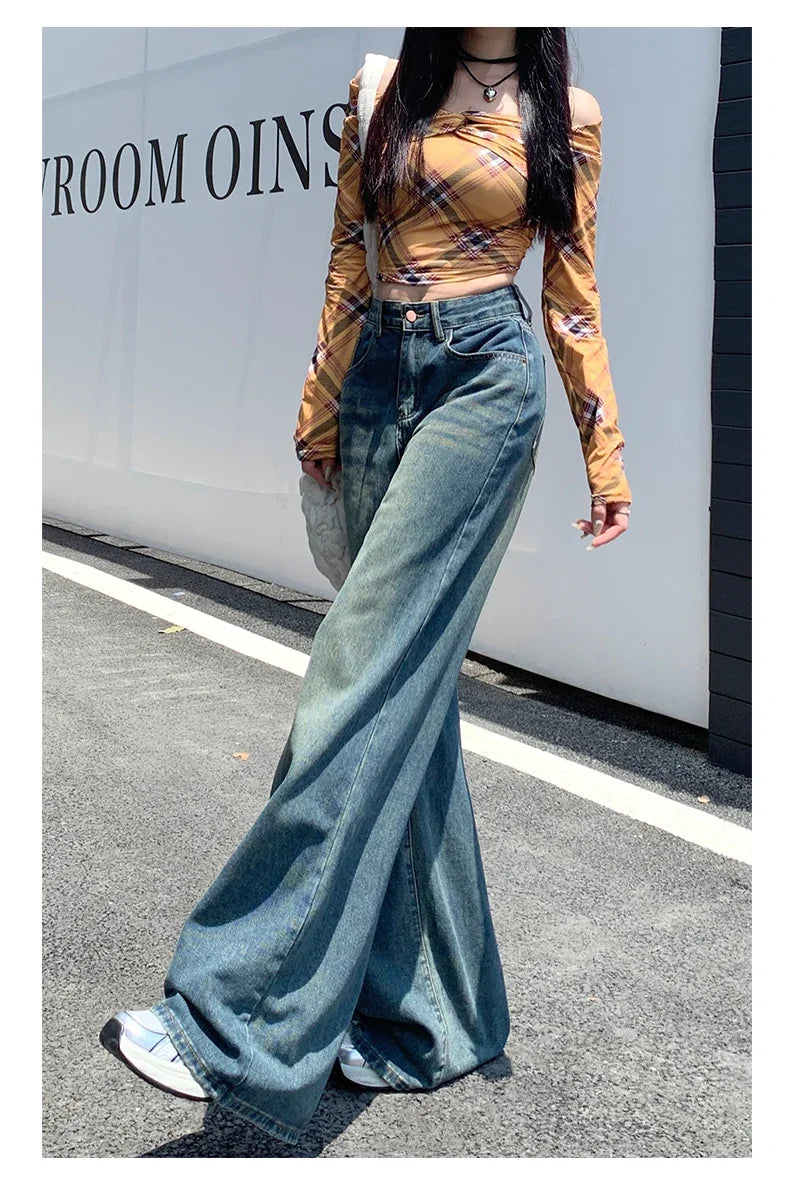 Womens Jeans Denim Pants 2025 Euramerican High Waist Girl Style Colorful Straight Leg Wide Leg Trousers