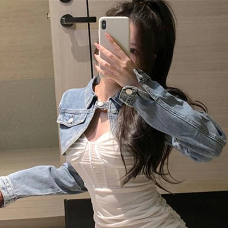 Women Cropped Denim Jacket Single Button Vintage Casual Streetwear Spring Fashion