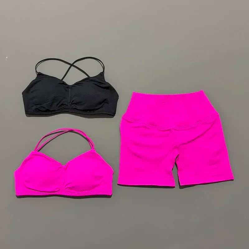 Women’s Seamless Workout Set - High Waist Scrunch Shorts & Crop Bra - 2PC Gym Suit