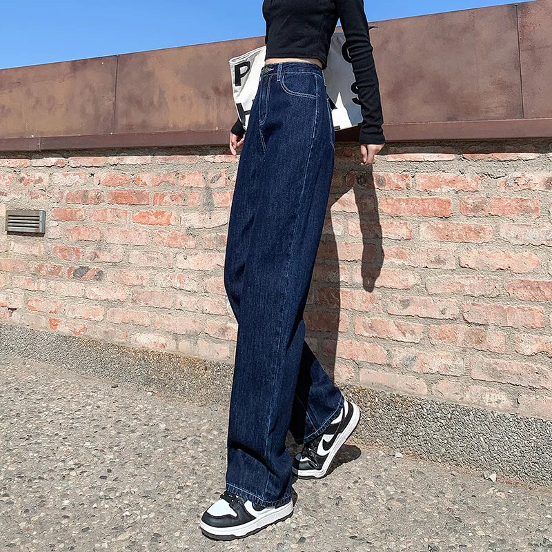 Jielur Dark Blue High Waist Washed Straight Wide Leg Womens Jeans Solid Color