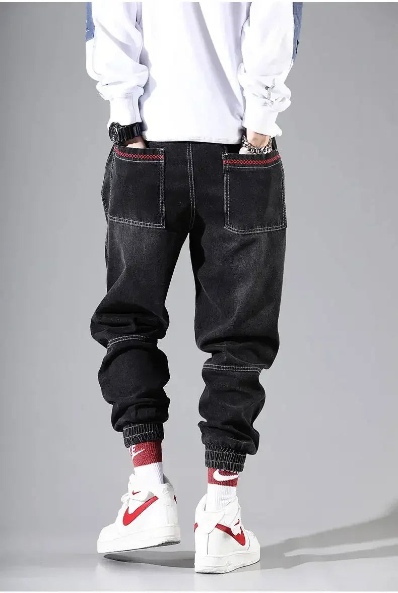 Mens Black Elastic Waist Baggy Harem Jogger Jeans Ankle Band Cargo Pants