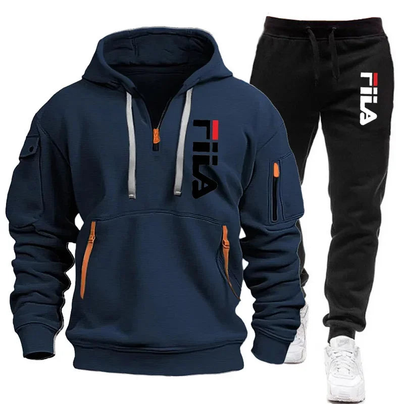FILA 2026 Men's Autumn Winter Hoodie & Pants Set – Two-Piece Pullover Sportswear, Outdoor Multi-Pocket Sweatshirt