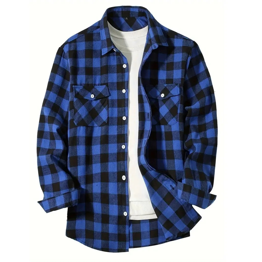 Men's Plaid Flannel Shirt – Long Sleeve Smart Casual Top with Two Chest Pockets, Spring & Autumn Style