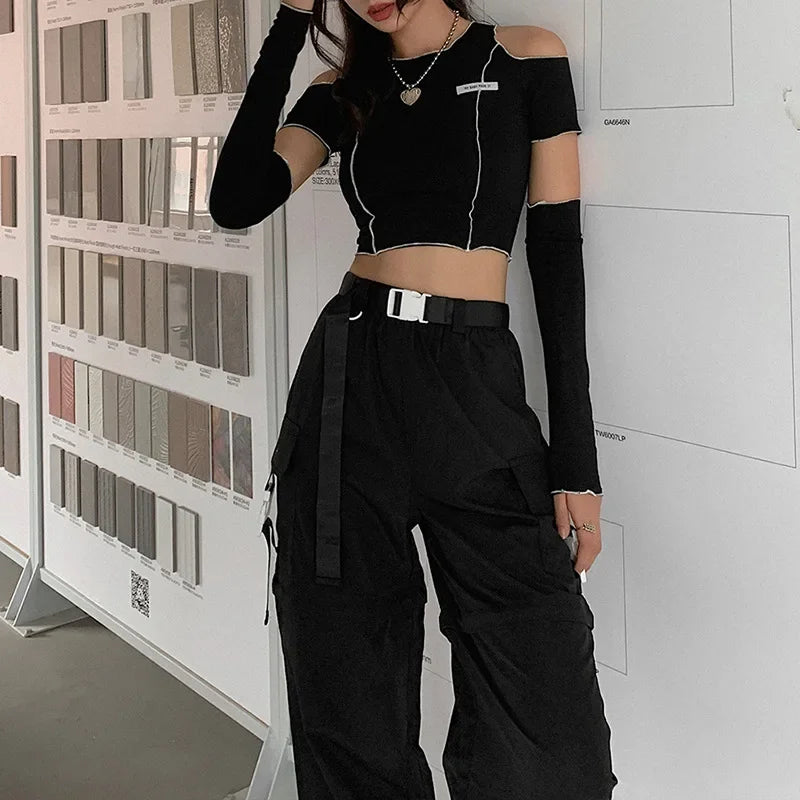 Patchwork Black T-shirts Gothic One Shoulder Sleeve Y2k Crop Tops Ruffles Hem Hip Hop Techwear Women Tees 2025