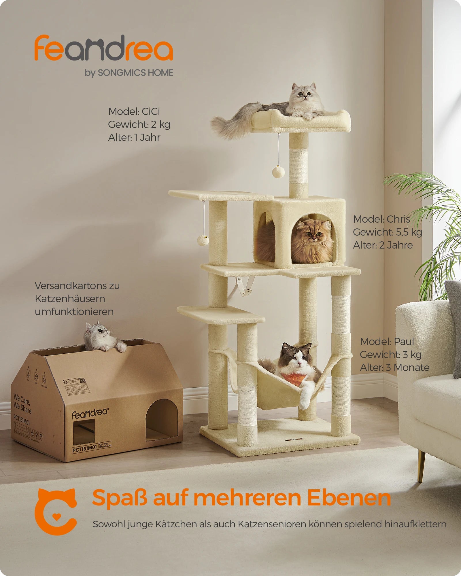 Feandrea scratching post, 143 cm high, cat tree, multi-storey cat house, with 4 scratching pillars, 2 platforms, hammock, Cave - trendingshoping.com