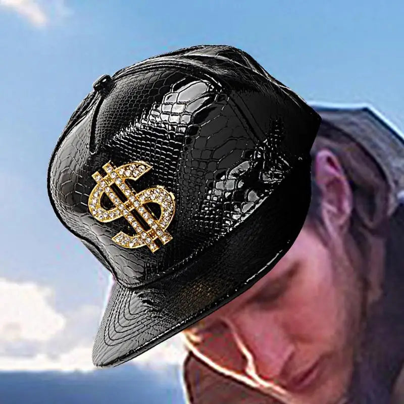Crocodile Hip Hop Cap – Gold Dollar Sign Flat Brim Fitted Hat for Youth