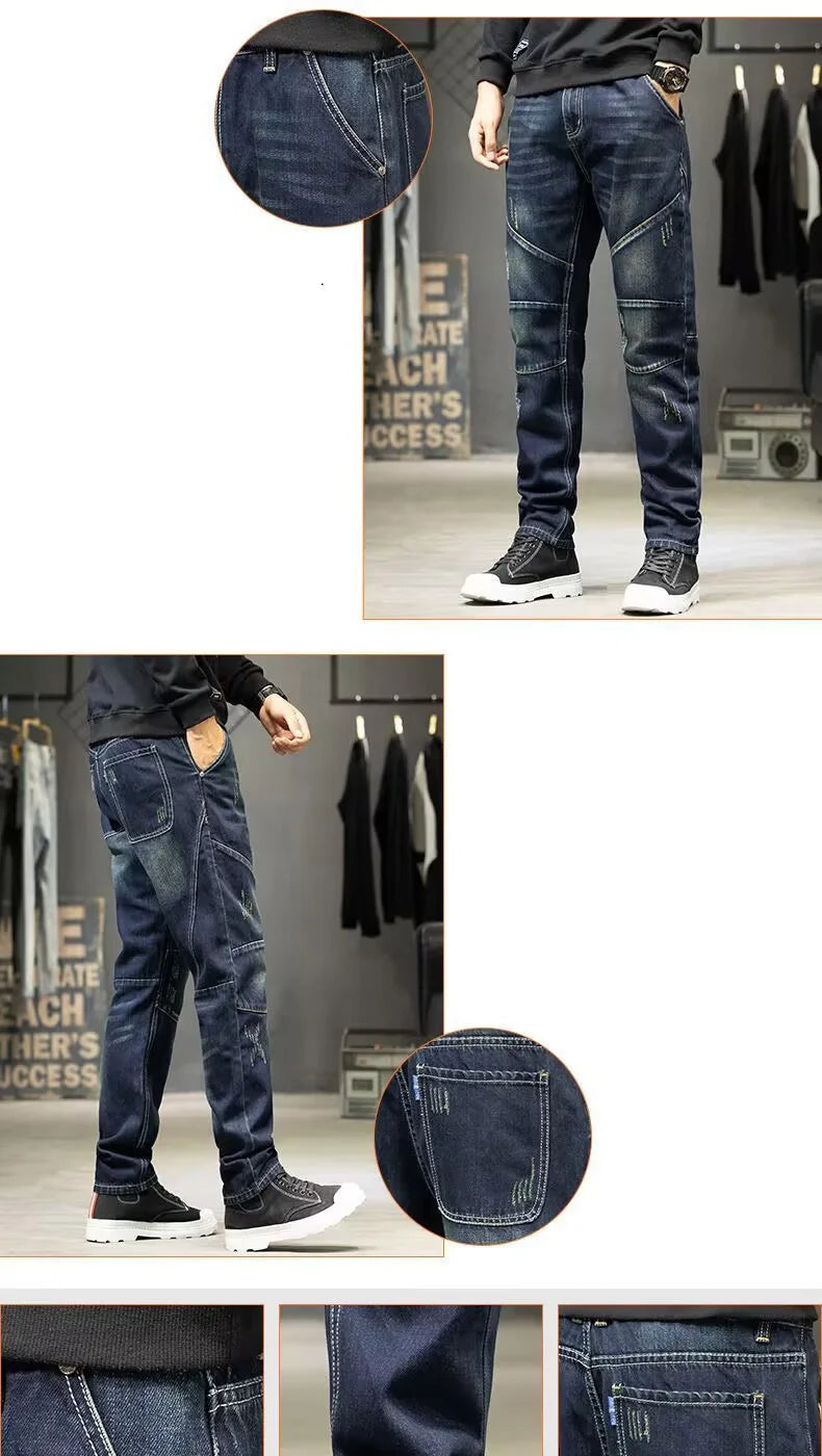 Jeans For Men Straight Baggy Large Size Korean Version Loose Washed Ripped Denim Slim Trousers