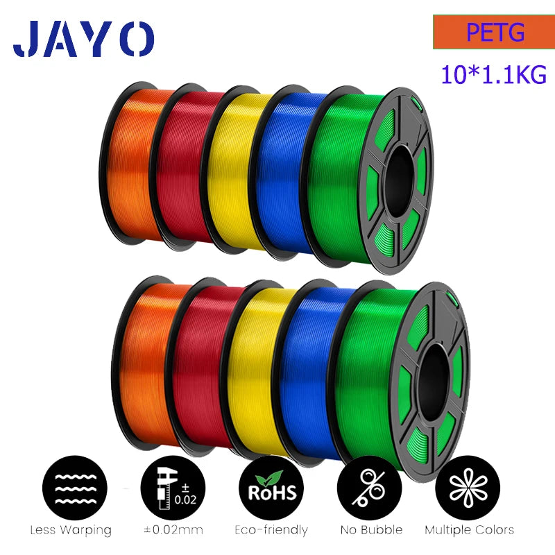 JAYO petg Filament 3d PETG 1.75mm 10Rolls Neatly Wound Toughness no bubbles 3D Printer Filament for FDM Muticolor 1.1KG /roll - trendingshoping.com