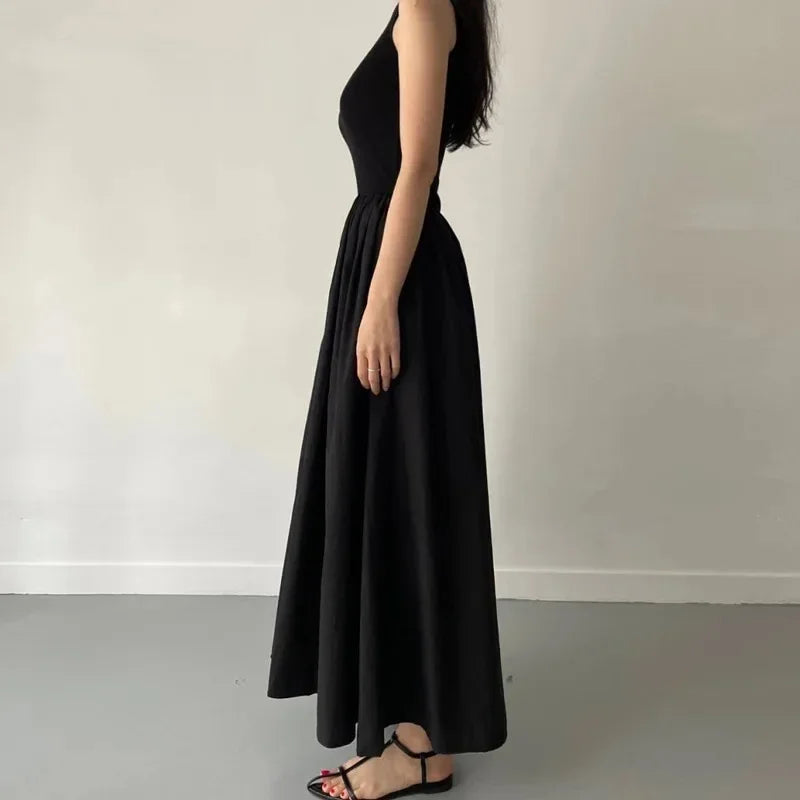 Women Black Long Dress Sleeveless Round Neck Elegant Style