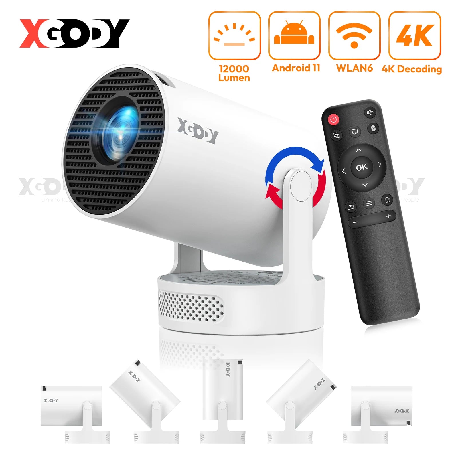 XGODY Projector Gimbal 3S Short Throw 4K Android 11 250ANSI Wifi6 Mini BT5.4 Projector Native 720P Home Cinema Outdoor Portable
