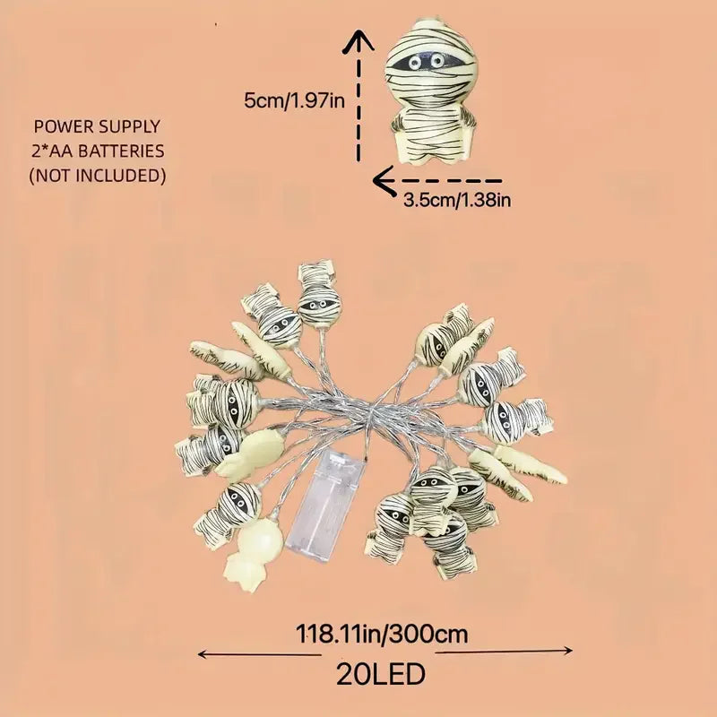 Spooky Mummy LED String Lights USB Battery-Powered Halloween, christmas Decor