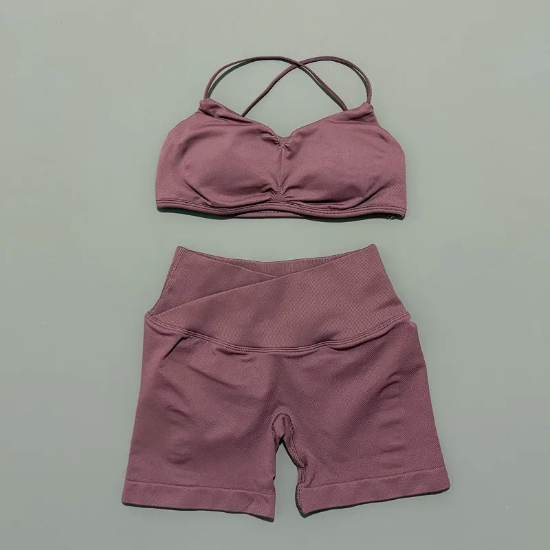 Women’s Seamless Workout Set - High Waist Scrunch Shorts & Crop Bra - 2PC Gym Suit
