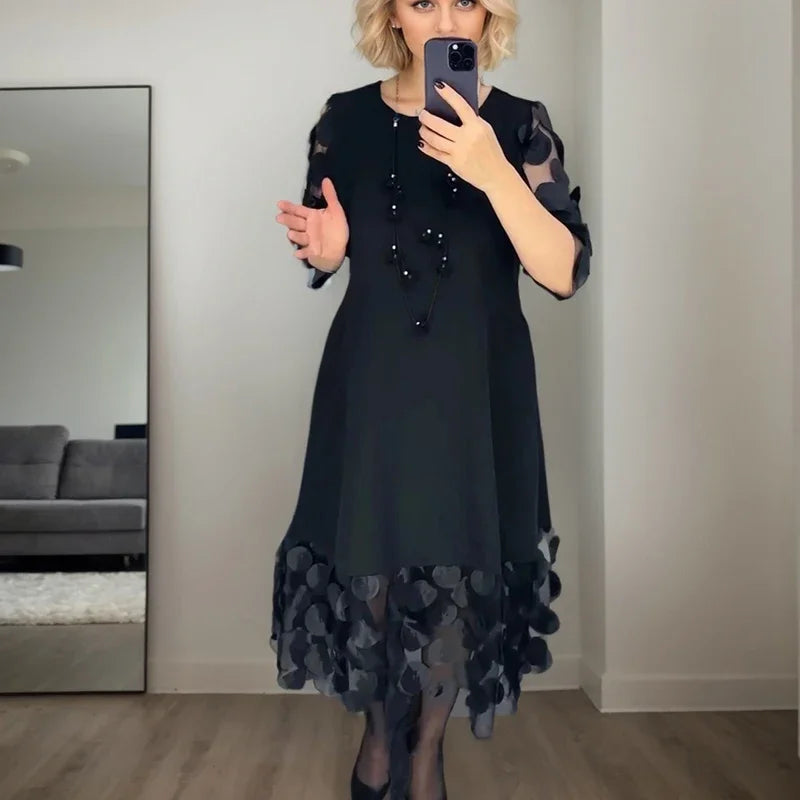 Women’s Solid Color Flared Dress – O-Neck Mesh Patchwork Dots, Mid-Length Commuter Style