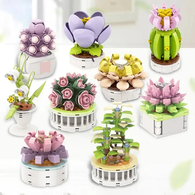 Bouquet Moc Block Flower Succulents Bonsai Potted Building Blocks Romantic Kit Assembly Bricks Toys For Kids Girl Christmas Gift - trendingshoping.com