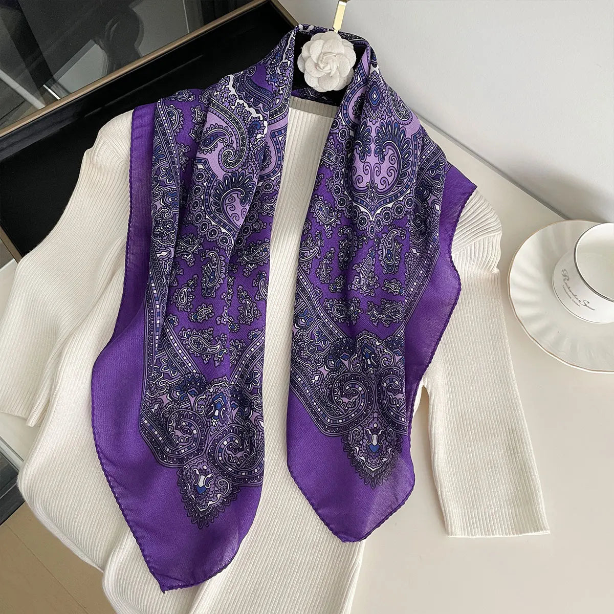 Women’s Square Scarf 70×70cm – Paisley Print Cotton Texture Shawl Headband & Neck Bandana
