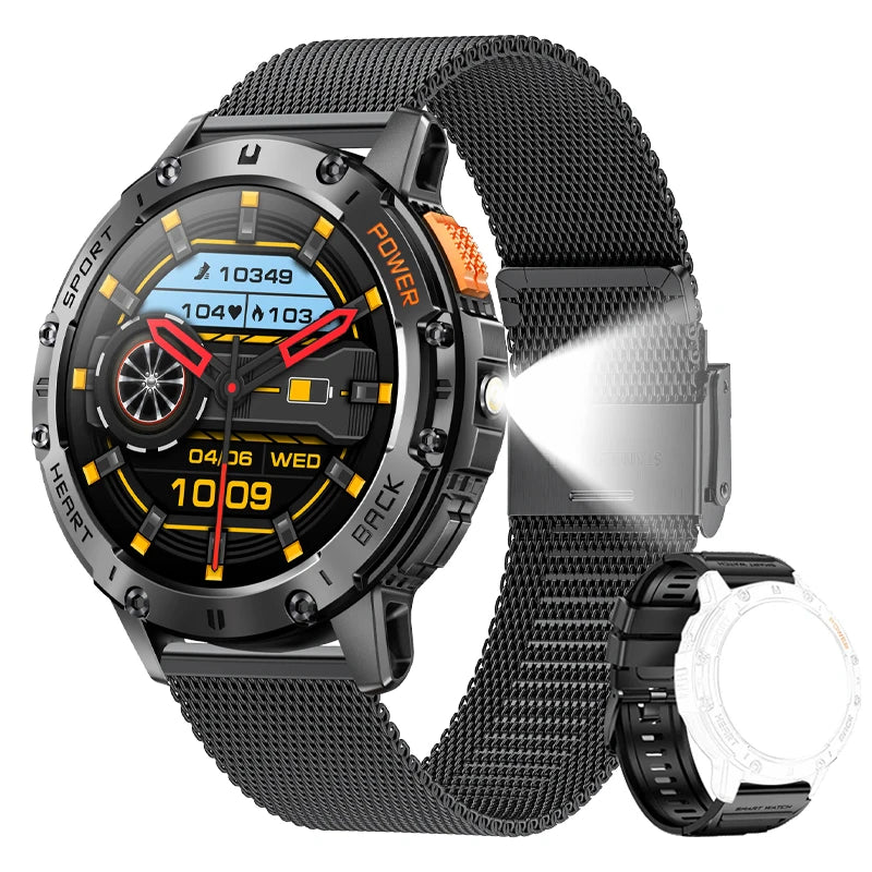 AMOLED Smart Watch for Men – Waterproof Sports Fitness Tracker with Flashlight & Bluetooth Call + Box