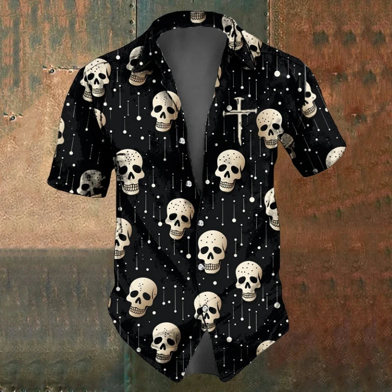 Men's Oversized Skull Shirt Short Sleeve Vintage Lapel Collar - Black & White