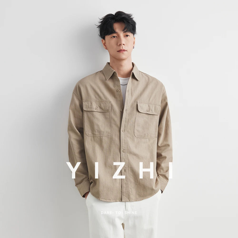 Men's Workwear Shirt – 100% Cotton Long Sleeve Vintage Style with Pockets, 2025 Spring & Autumn Casual Jacket Top