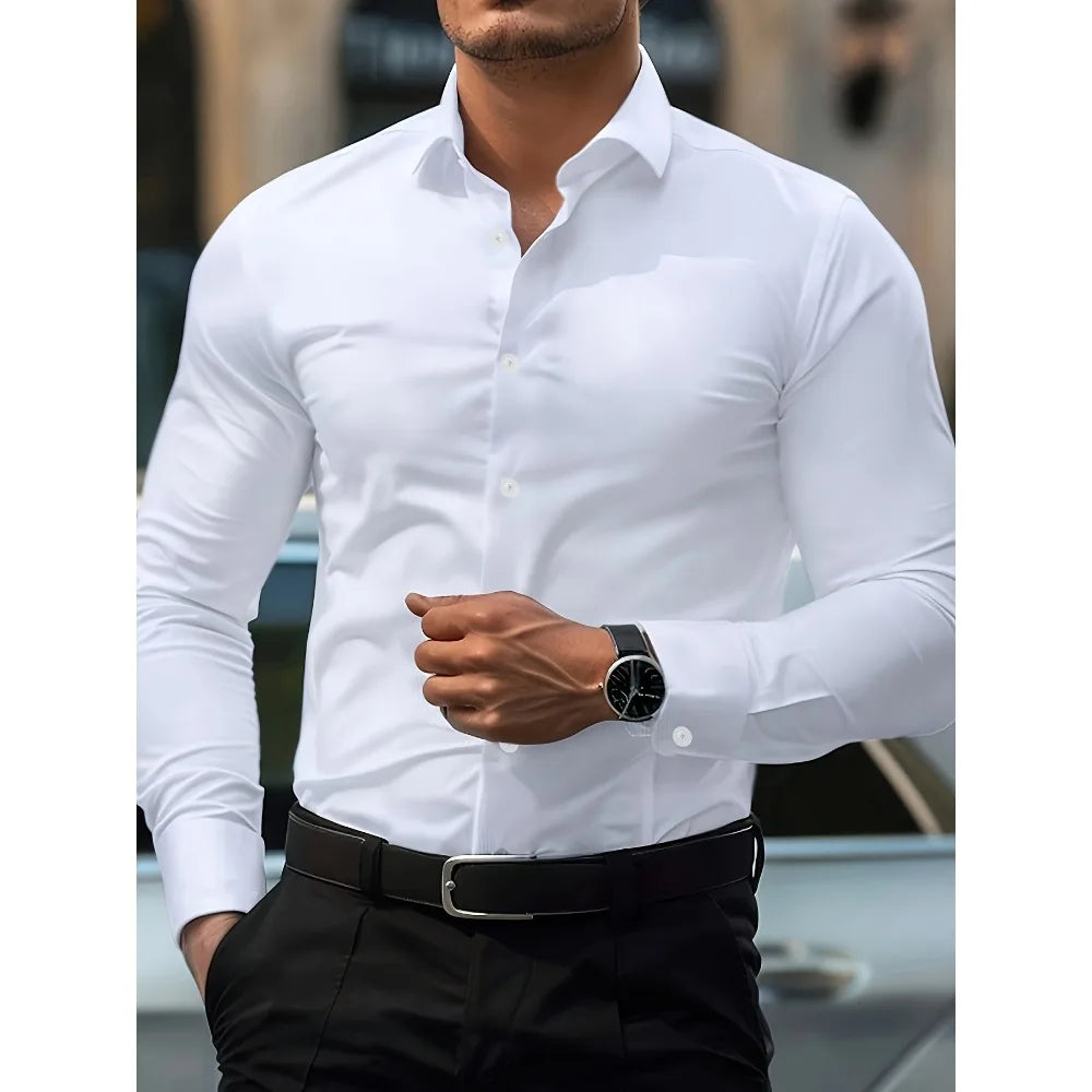 Men's Solid Color Long Sleeve Shirt – Smart Casual Elastic Business Shirt, 2025 Four-Season Wear
