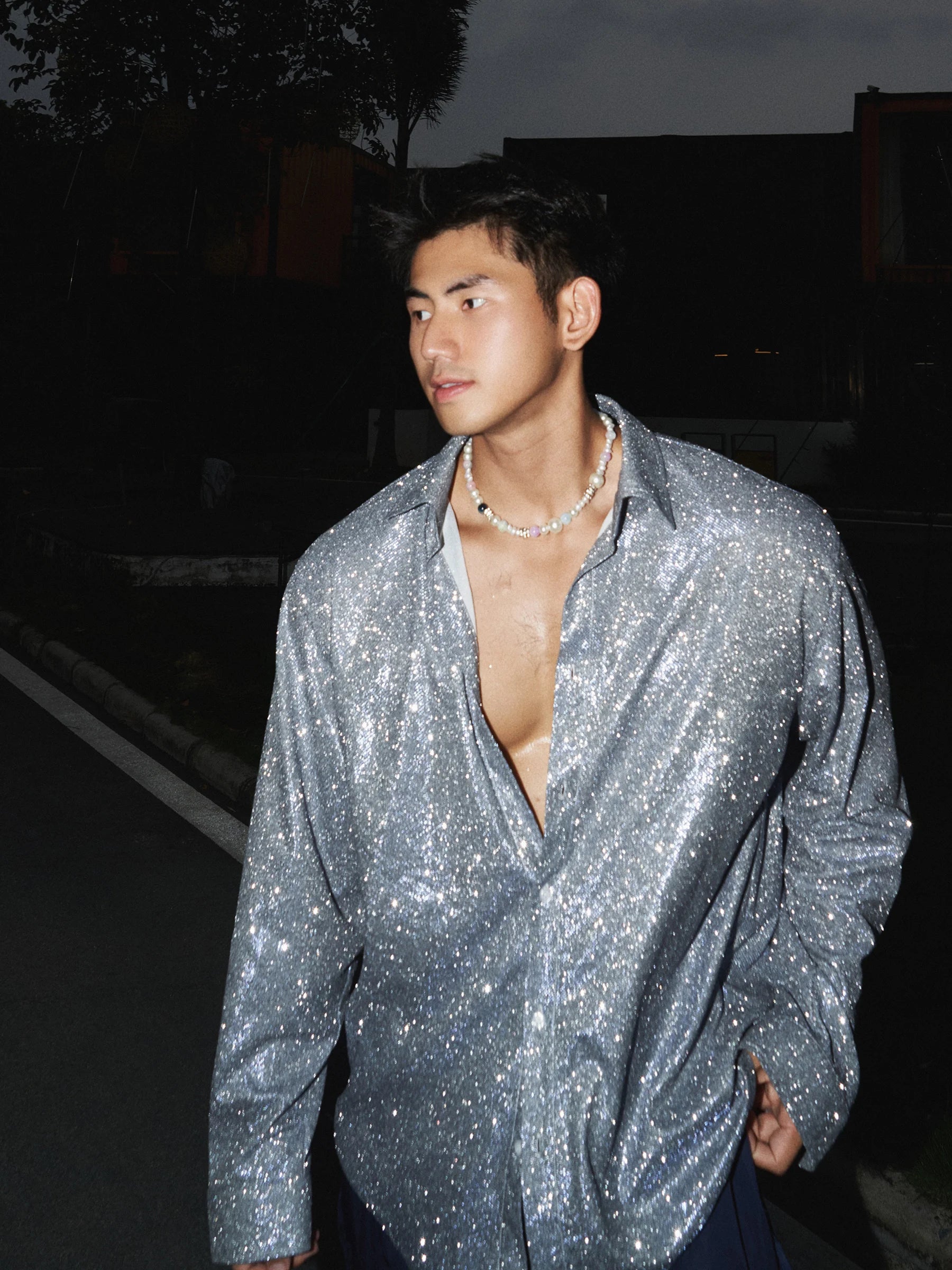 Men’s Shiny Metallic Long Sleeve Shirt - Luxury Gloss Trendy Party Top