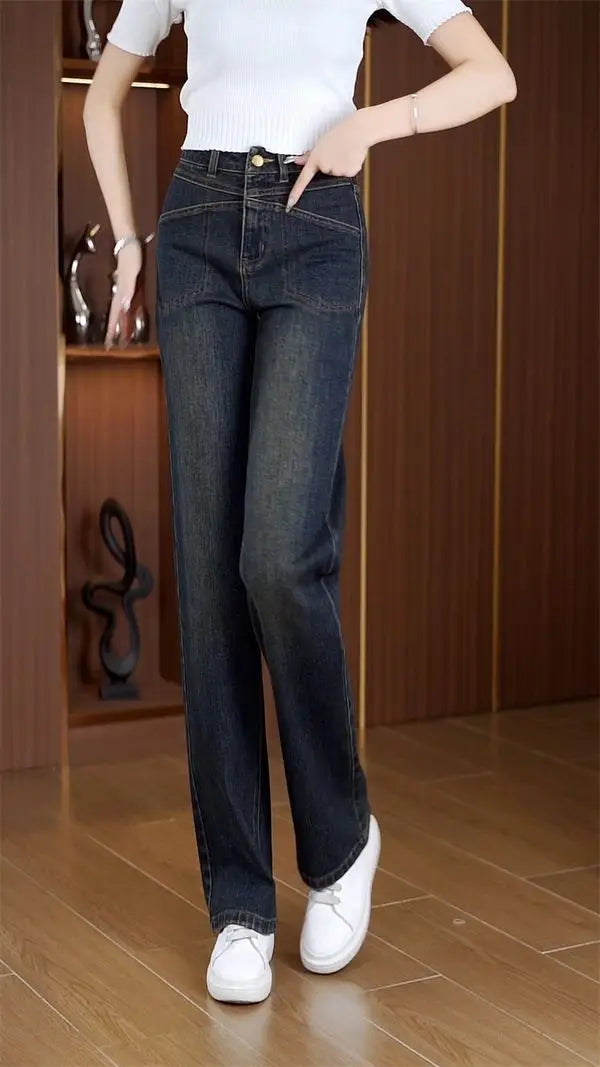 Women's Narrow Straight Leg Jeans  Fall Winter New Plush Lined Thick Korean Retro Relaxed Casual Trousers High Waist Flattering