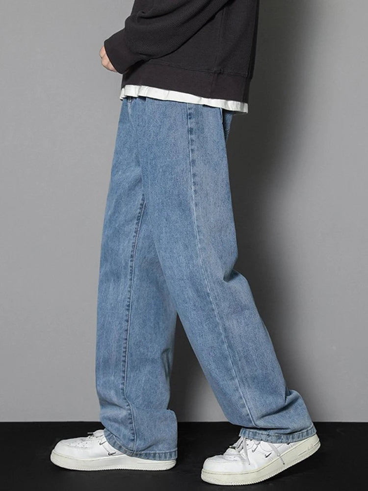 2025 New Korean Men's Casual Long Jeans Classic Man Straight Denim Wide-leg Pants Solid Color Light Blue Grey Black