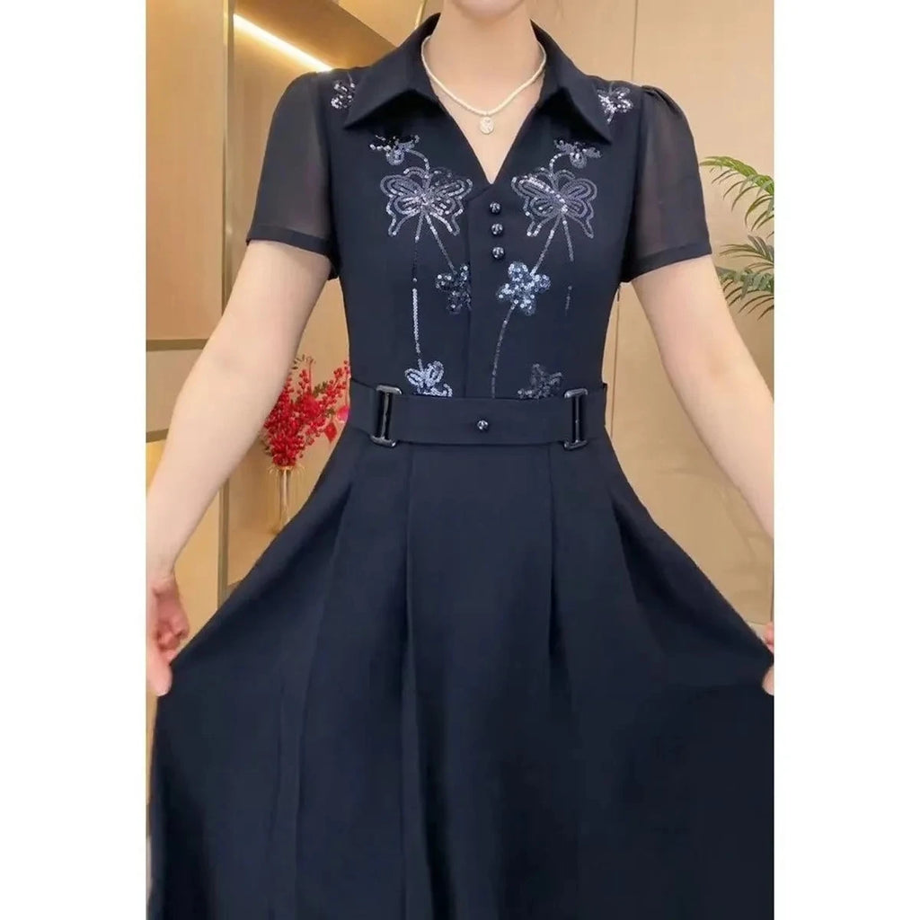 Women Western Style Dress Summer Spring New Fashion High-end Sequin Long Dresses Middle Aged Mother Elegant Slim Vestidos Mujer
