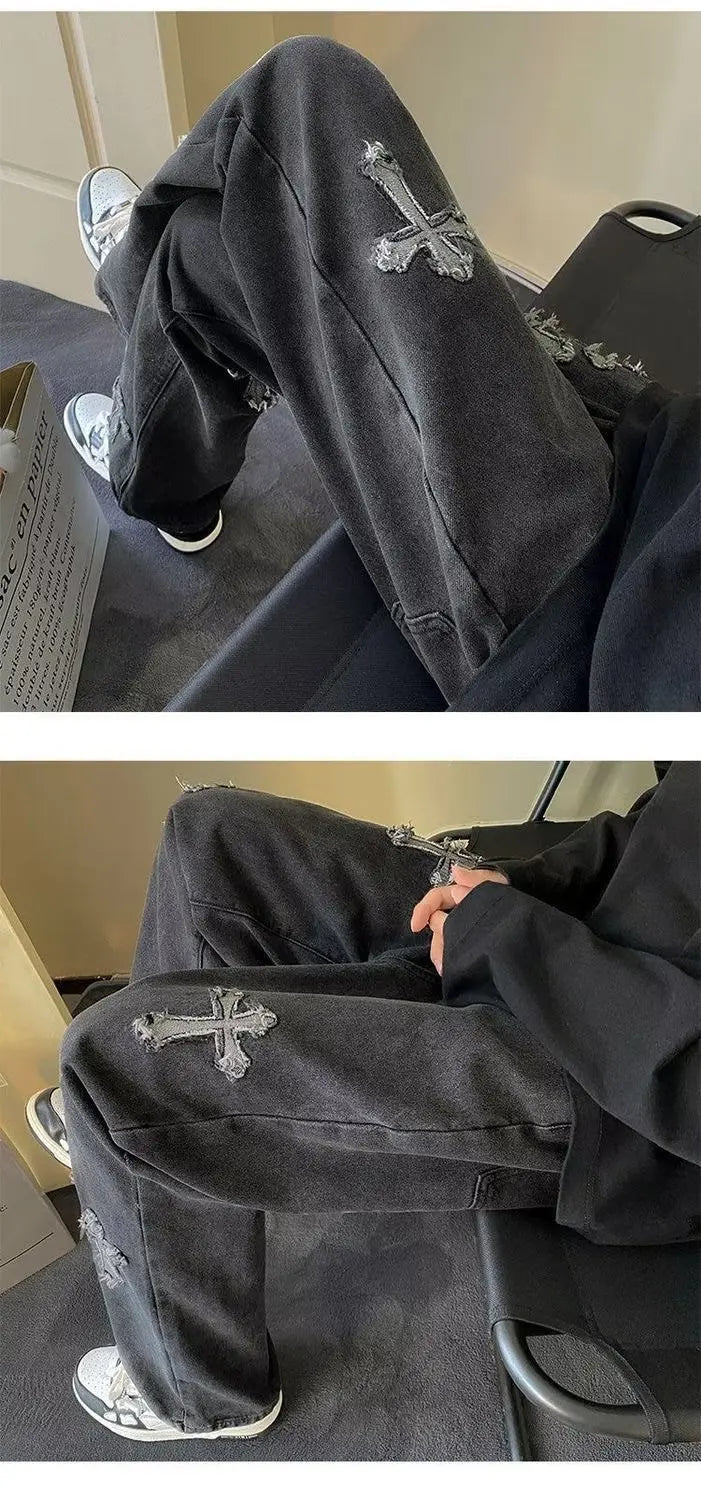 Mens Straight Loose Denim Jeans Cross Embroidery Black Blue Casual Pants