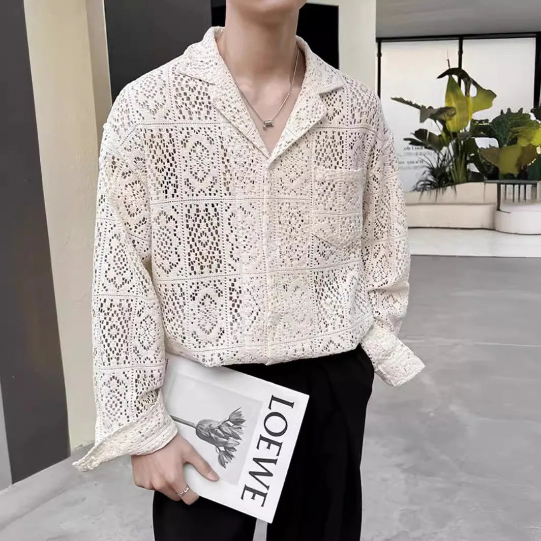 Fashion Hollow Out Shirts for Men Transparent Mesh Lace Long Sleeve Shirts Retro Elegant Breathable Tops Male Streetwear Popular
