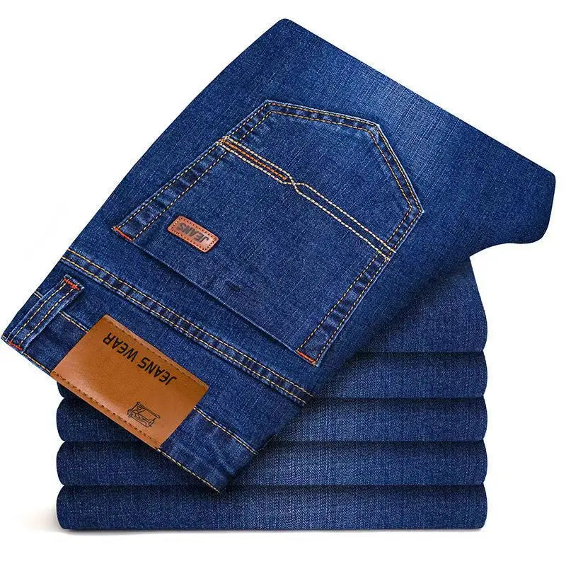 Men's Classic Straight Leg Stretch Jeans - Casual Work Denim Trousers in Blue & Black