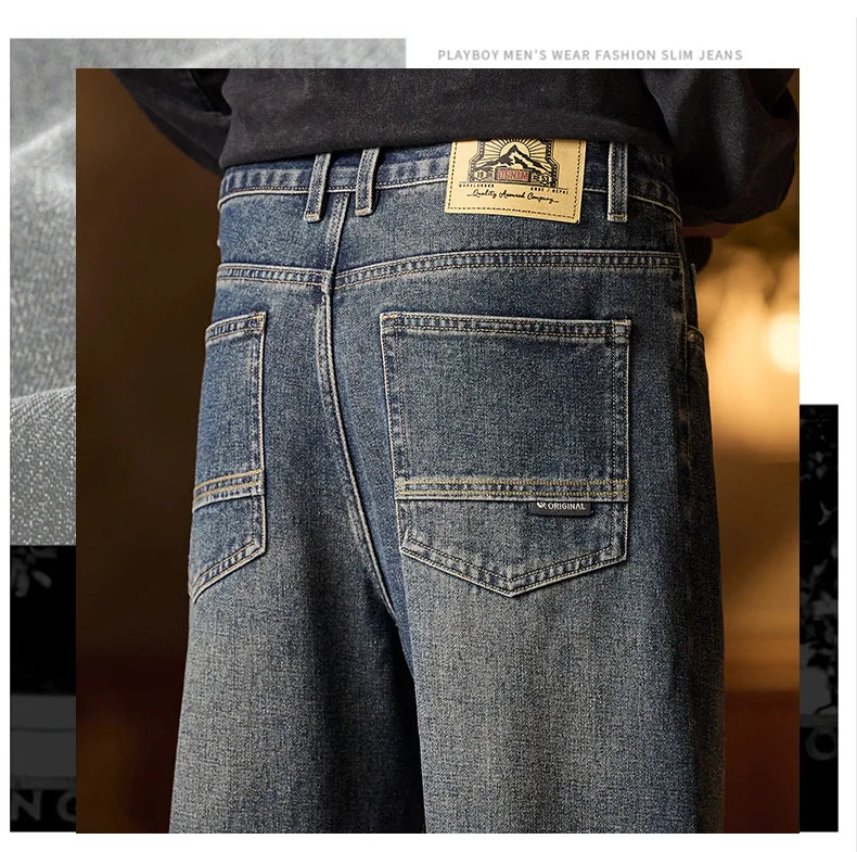 Mens Blue Elastic Waist Jeans Relaxed Fit With Zipper Button