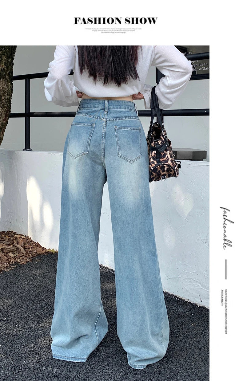 Womens Jeans Denim Pants 2025 Euramerican High Waist Girl Style Colorful Straight Leg Wide Leg Trousers