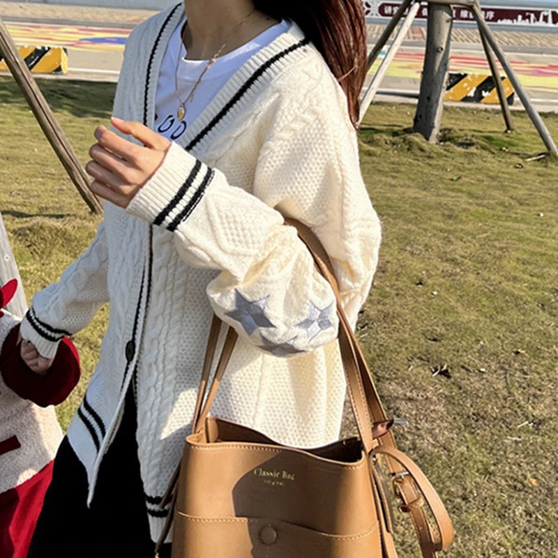 Knit Print Winter Cardigan Sweater Chic Vintage Star Preppy Long Sleeve Autumn V Neck Aesthetic Retro Single Breasted Sweaters - trendingshoping.com