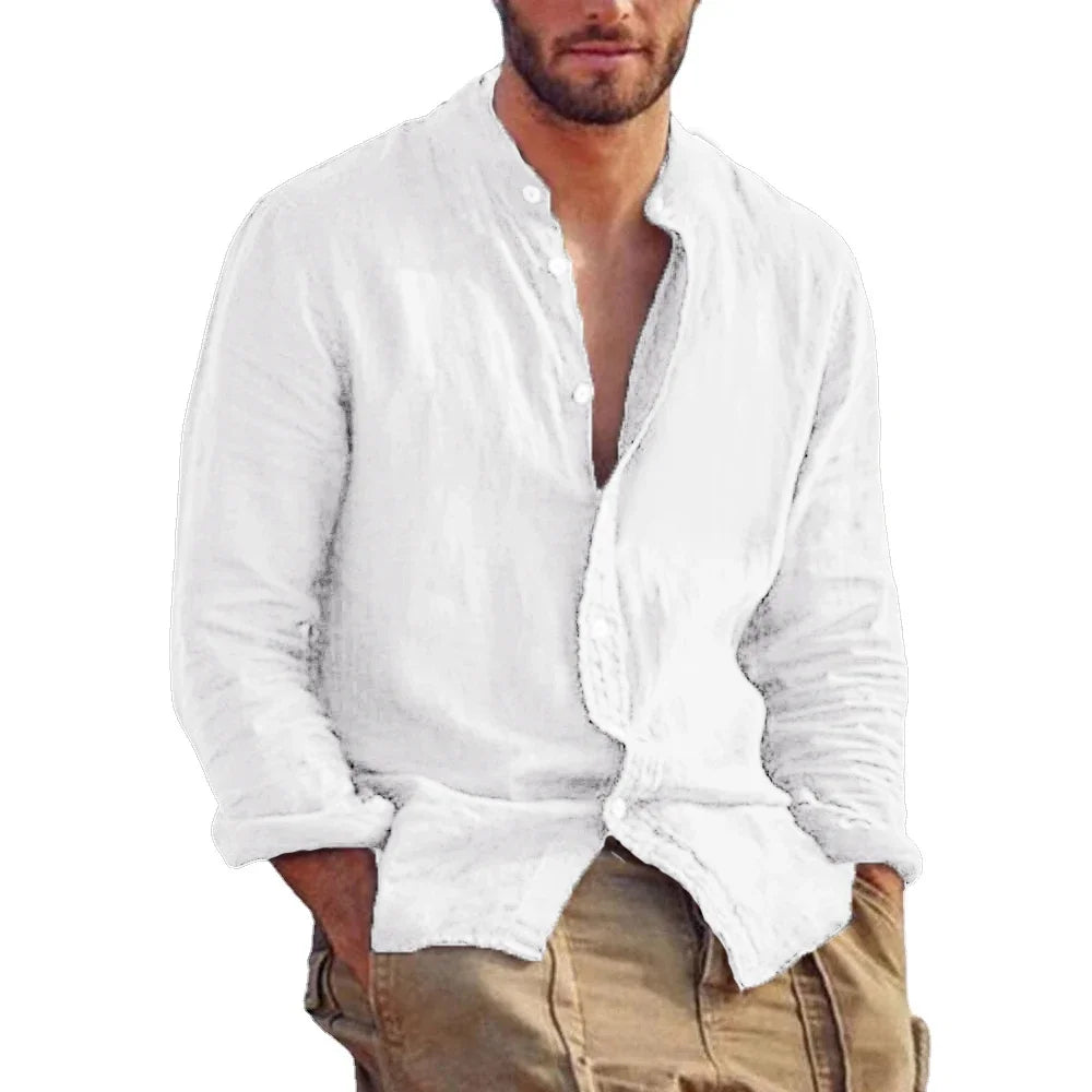 Men’s Linen Long Sleeve Shirt Solid Color Stand Collar Casual Lightweight Breathable Top