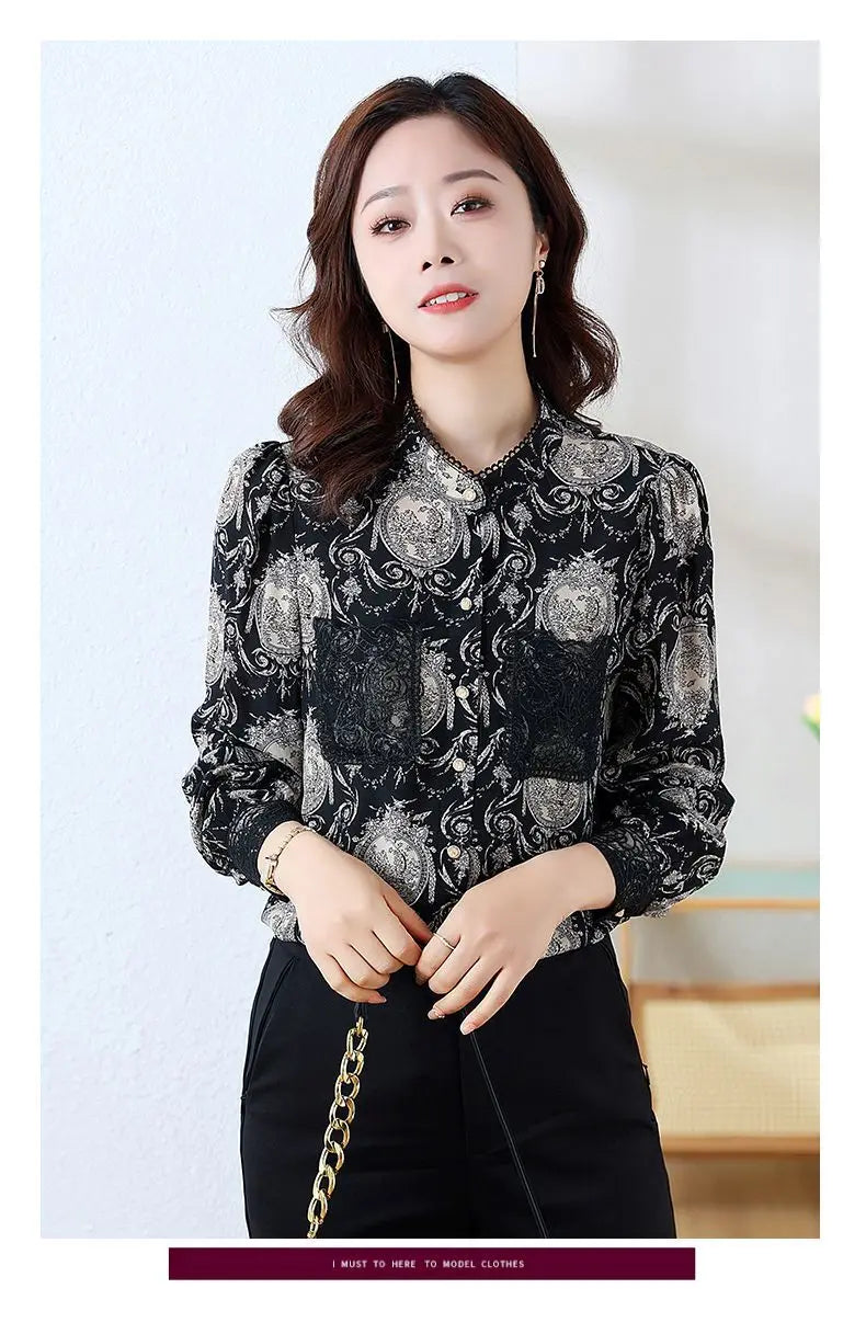 Women's Printed Satin Shirt - Slim Fit Long Sleeve Blouse for Spring & Autumn, Office Wear
