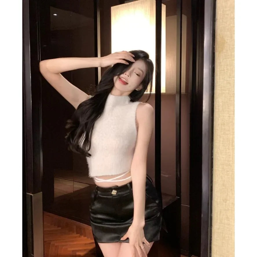 Women Knit Halter Crop Top Furry Lace Up Sleeveless