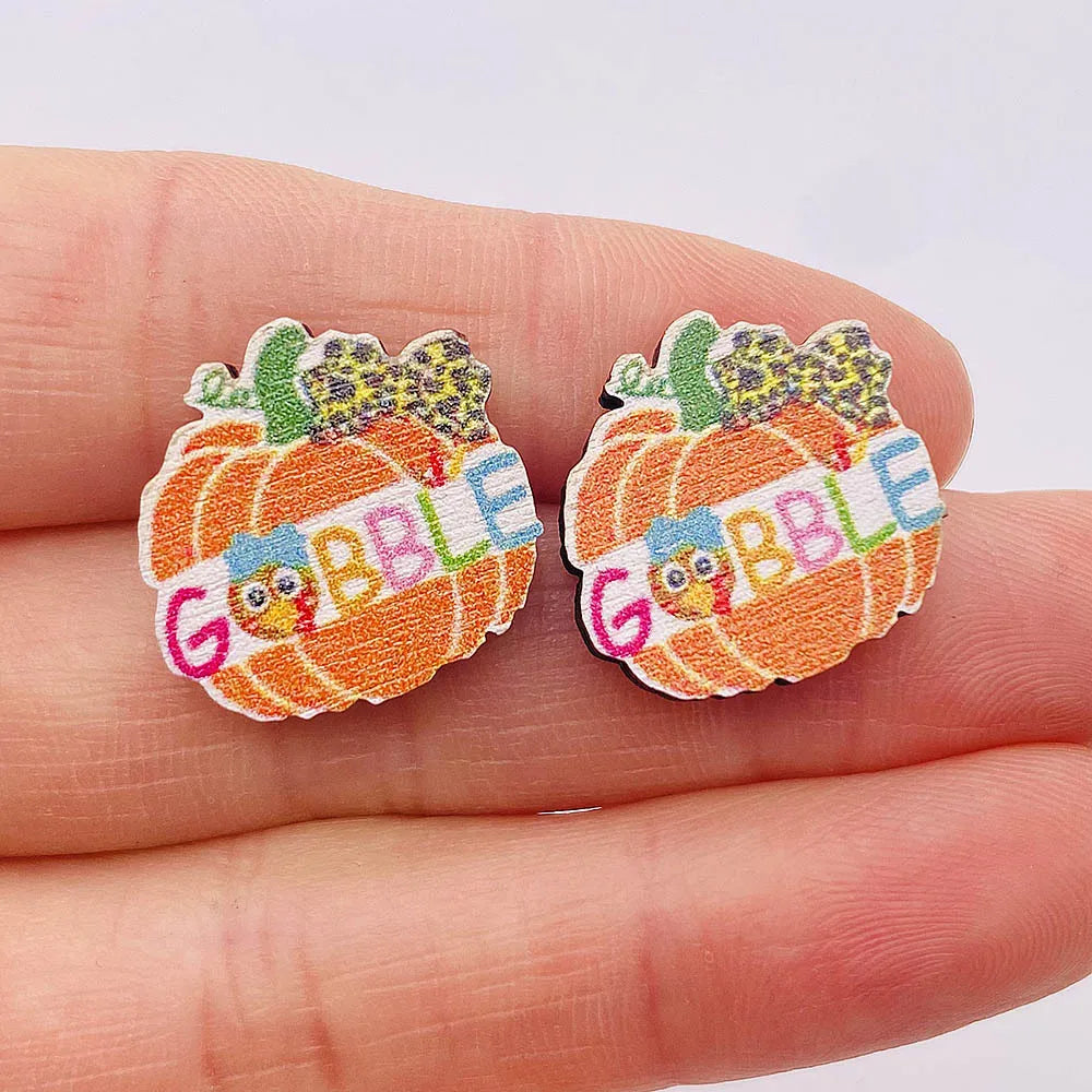 New Autumn Thanksgiving Ear Studs Maple Leaf  Pumpkin Turkey Sunflowe Dwarf Wooden Earrings Jewelry Thanksgiving Festival Gift