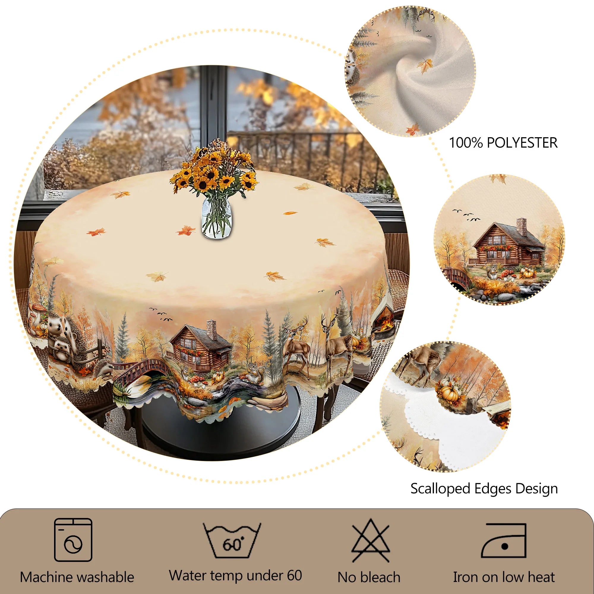 1 Piece of Autum Farmhouse Scenery Round and Rectangular Tablecloths, Various Sizes, Decorative Tablecloths with Cute Animals and Pumpkin Print Patterns, Thanksgiving Party Courtyard Tablecloths for Home Kitchen, Tablecloths