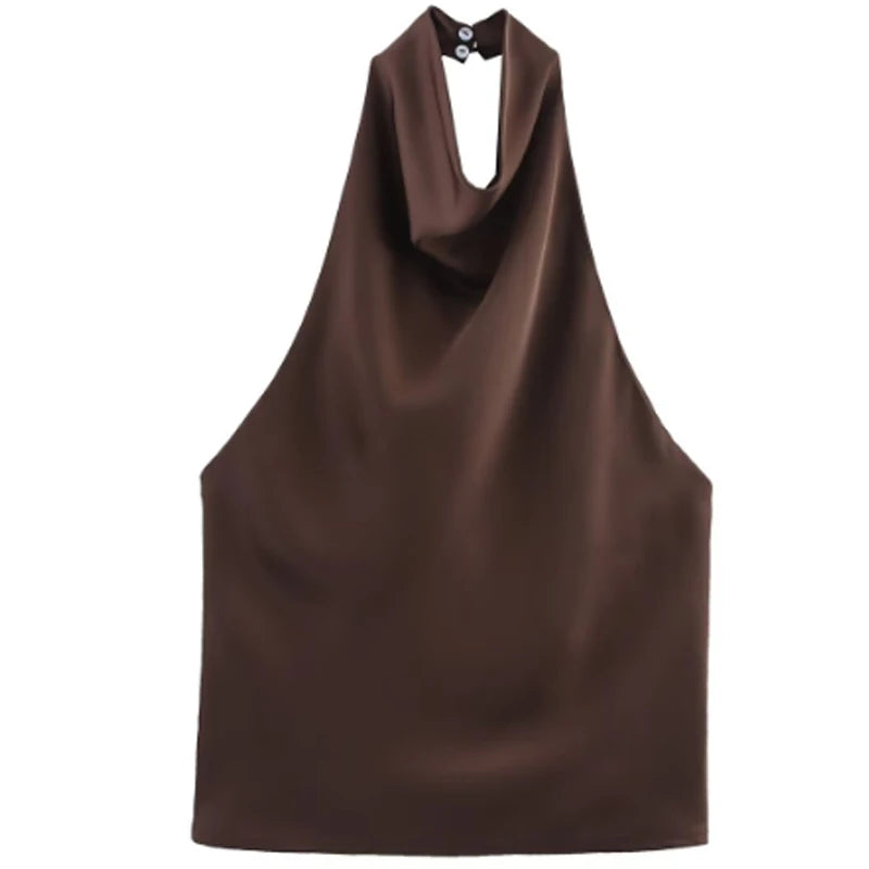 HXAO 2025 Women Satin Halter Top Summer Black Yellow Tanks & Camis Off Shoulder Crop Tank Top Fashion Sleeveless Backless Vests