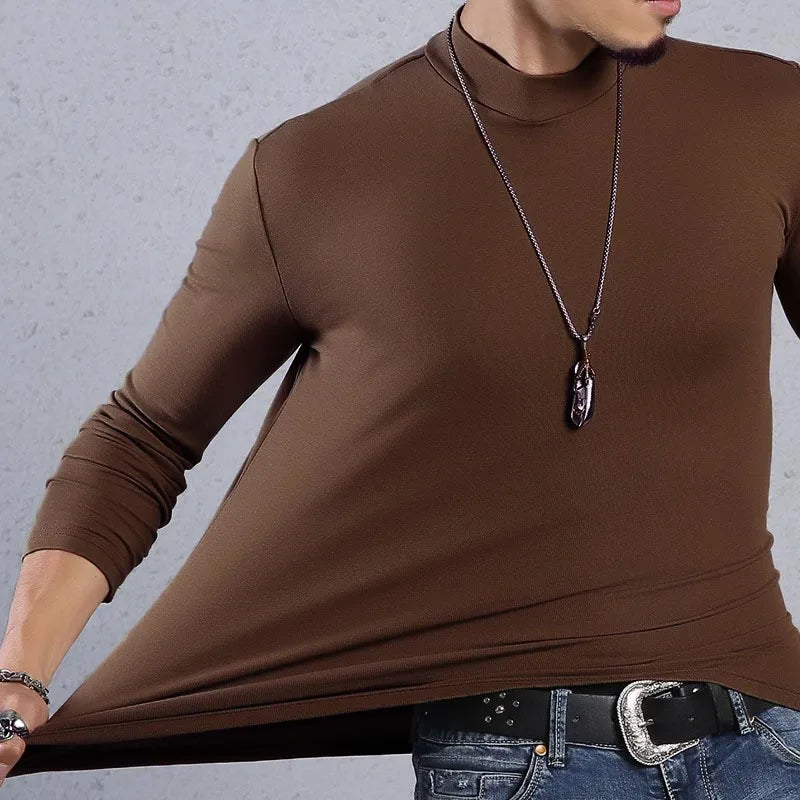 Men’s Solid Color Turtleneck Long Sleeve Slim Fit T-Shirt Spring Casual Top Plus Size
