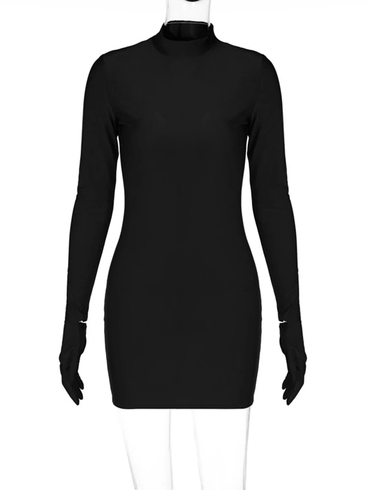 Women’s Solid Long Sleeve Bodycon Mini Dress with Gloves Half Turtleneck Party Y2K