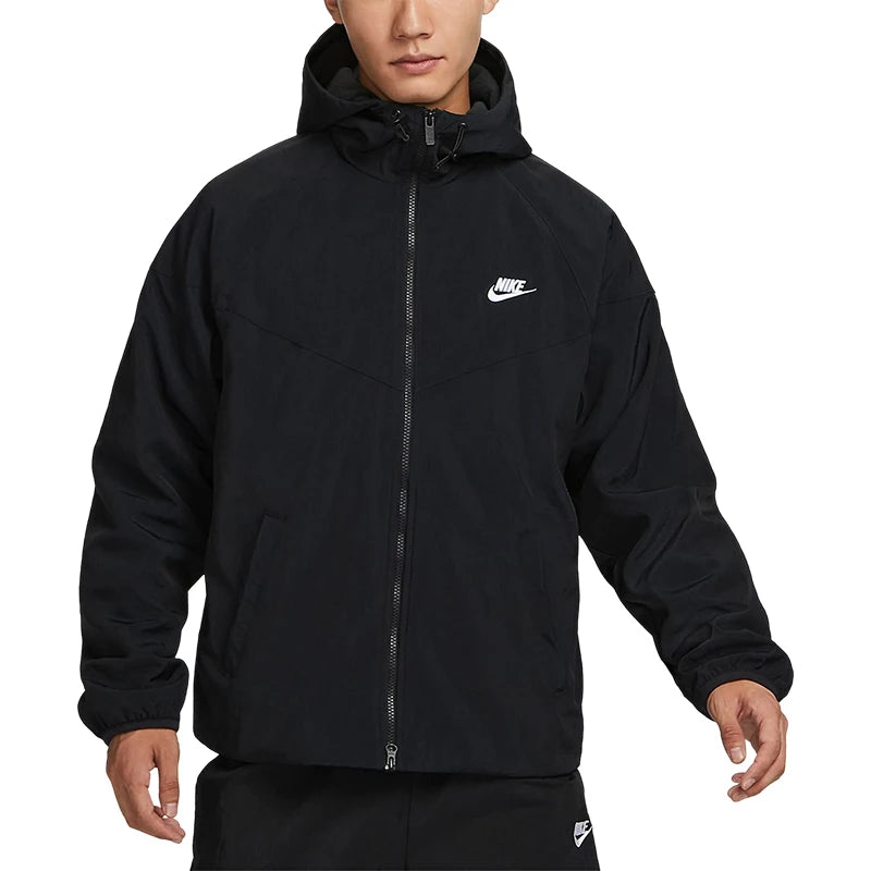 Men's Winter Fleece Hooded Loose Jacket - Thermal Water-Repellent Sportswear - FB8619-010 - Black