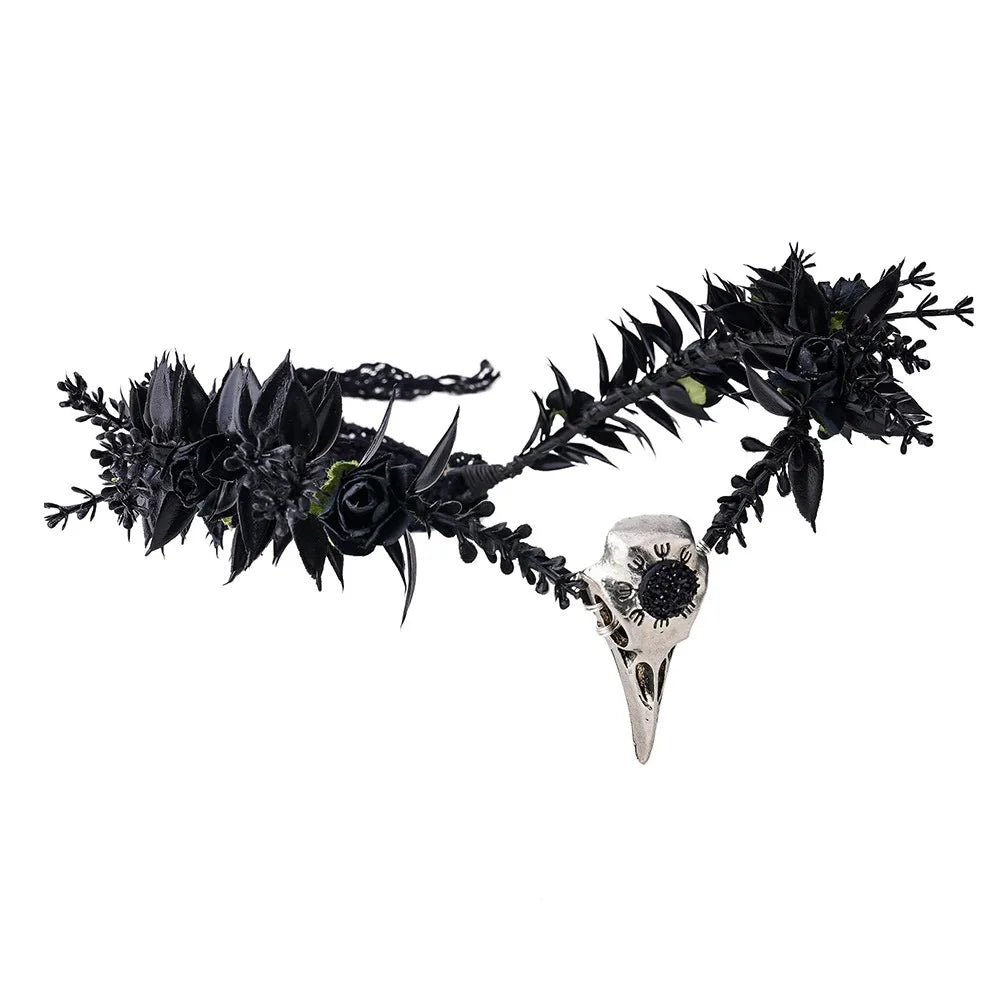 ashion Cosplay Headband – Fairy Flower & Leaf Antler Crown, Black Simulated Flower Elf Headpiece for Photoshoot & Wedding