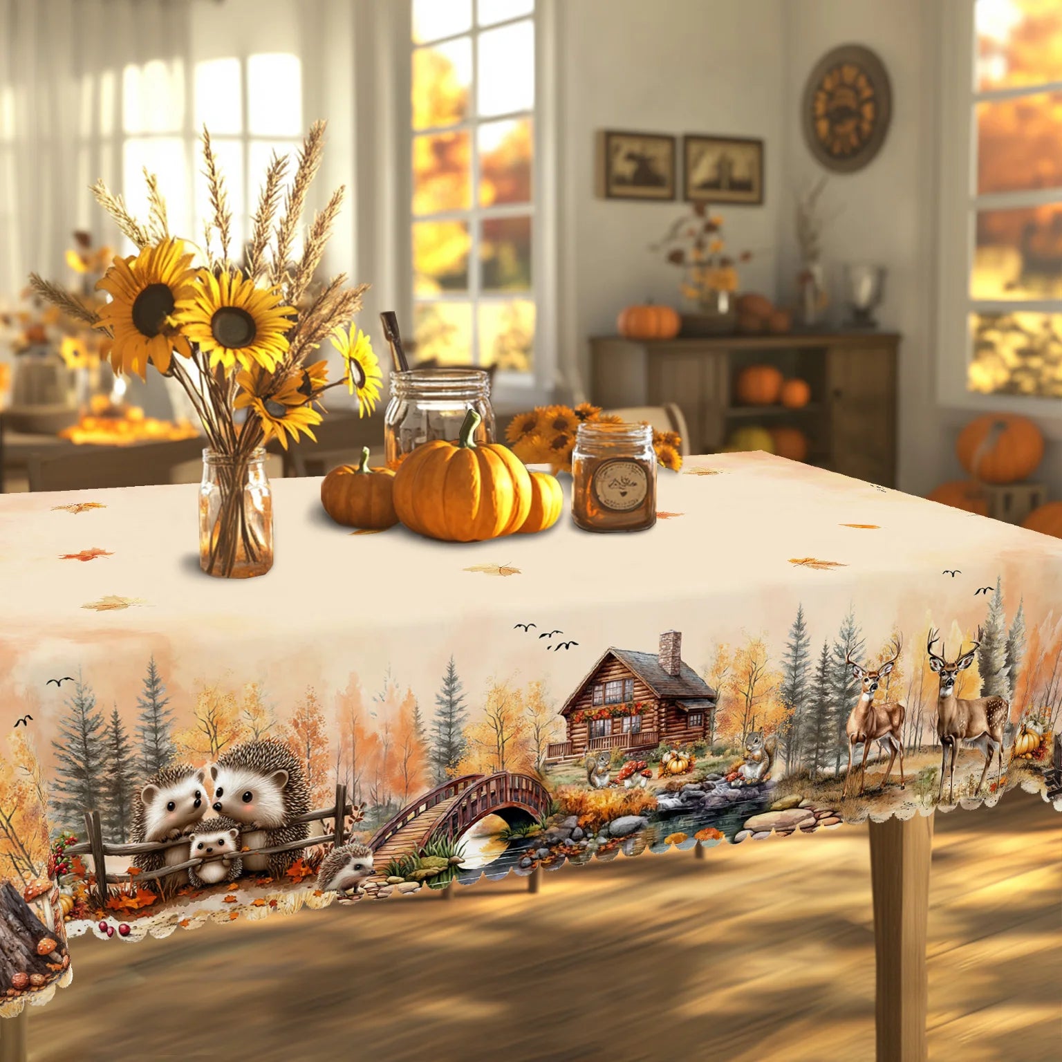 1 Piece of Autum Farmhouse Scenery Round and Rectangular Tablecloths, Various Sizes, Decorative Tablecloths with Cute Animals and Pumpkin Print Patterns, Thanksgiving Party Courtyard Tablecloths for Home Kitchen, Tablecloths