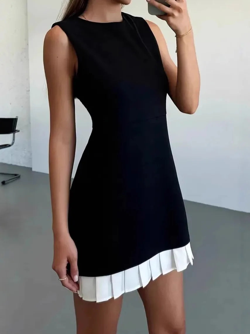 Women's Sleeveless Pleated Mini Dress - Patchwork Elegant Office Wear