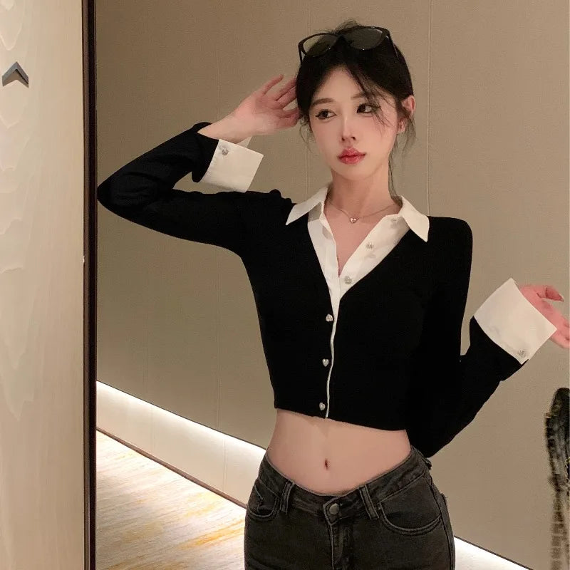 T-shirts Women Minimalist Sexy Aesthetic Delicate Panelled Patchwork All-match Female Clothing Fake Two Pieces Knitted Advanced