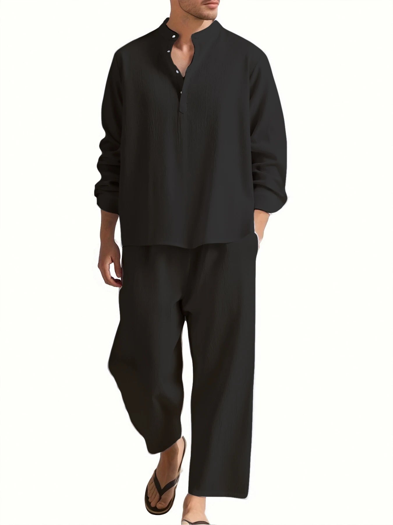 Men’s Long Sleeve Shirt and Pants Set Solid Color Tracksuit Beach Vacation Wear