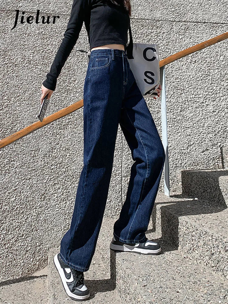 Jielur Dark Blue High Waist Washed Straight Wide Leg Womens Jeans Solid Color